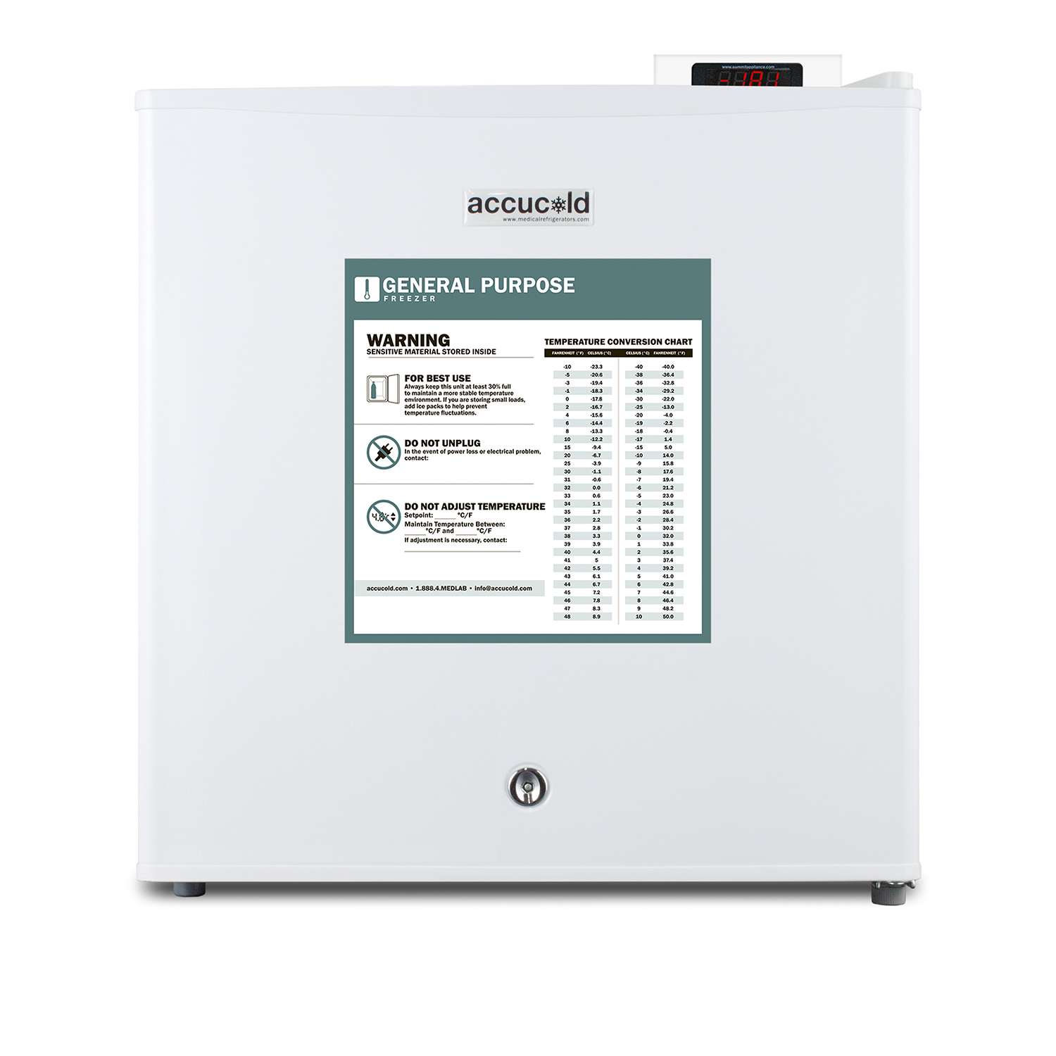 Compact all-freezer for general purpose use, manual defrost with lock, digital thermostat